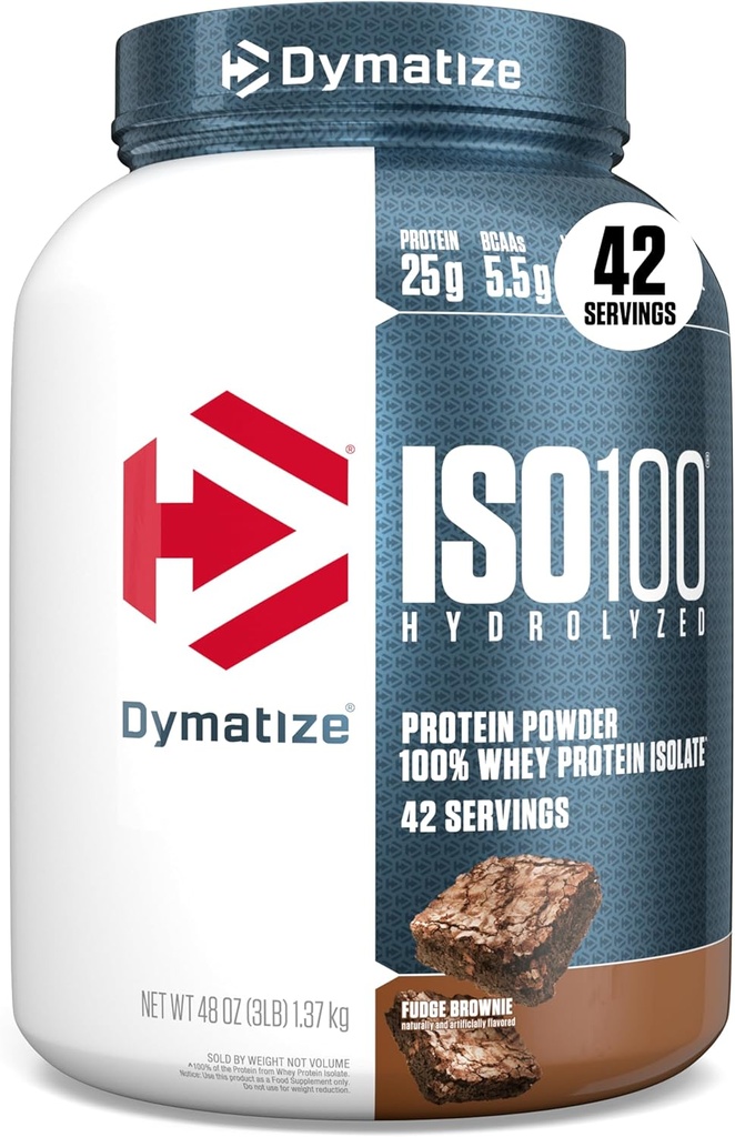 Dymatization ISO100 Whey蛋白蛋白粉溶胶,Fudge Brownie, 25g of 蛋白质, 3 英镑, 5.5g BCAAs, 不足 120 Cal., Gluten Free, 1g Fat, 1g Sugar, 2g Carb (42 services)