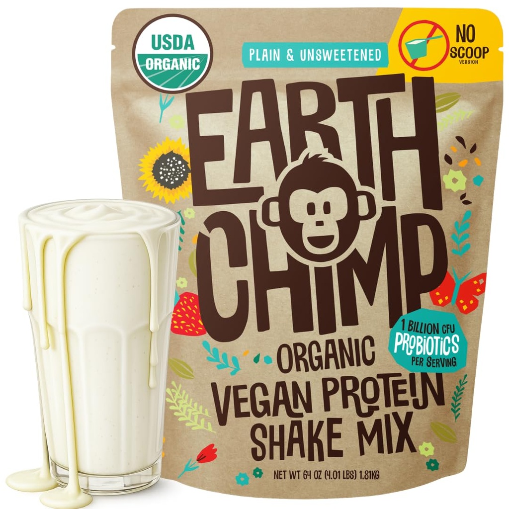 EarthChimp Organization Vegan蛋白粉 - 配有Probiotics - 非转基因生物,乳制品免费,Non Whey, 以植物为基础的男女蛋白粉,Gluten免费 - 52 service 64 Oz(Plain & Unsweeted) No Scoop