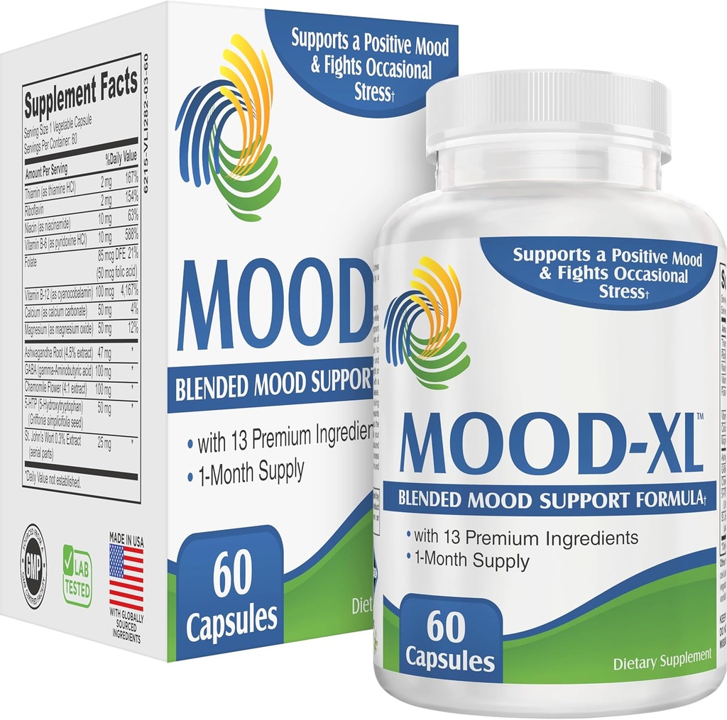 Mood-XL:30天Mood支持补编(All-in-1 Blend),配有13个活动成份QQ健康Mood补充和维生素QQ1-Month SupplyX60 Capsules