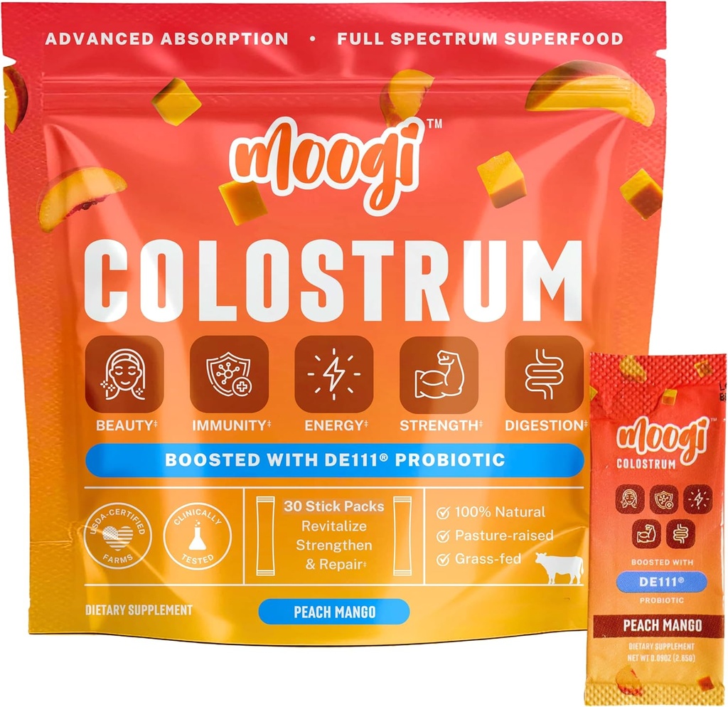 MoogiTM Premium Colostrum Powder with DE111® Probiotic | Peach Mango, 30 棒包 | Bovine Colostrum Power for Women & Men | Grass Fed Colostrum 固醇健康,豁免,皮肤和发型补充剂