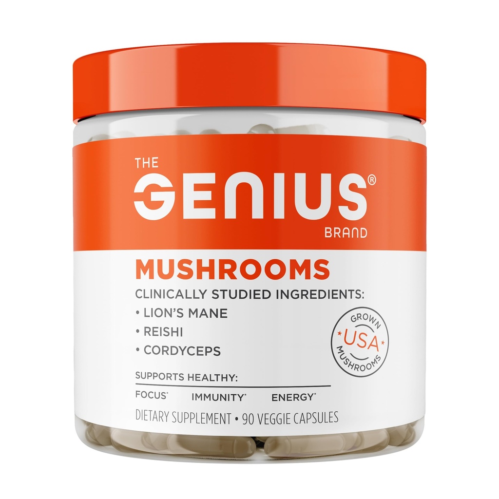 Genius Brand Genius Mushrooms - 以植物为主的Imune, Focus & Energy Supports - 狮子的Mane, Cordyceps & Reishi - 有机与非GMO - 90 Veggie Capsules