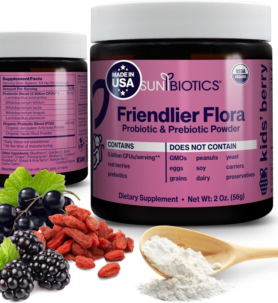 SUNBIOTICS Friendlier Flora -- -- 儿童先生药和亲生药粉补充剂,配有5亿个亲生药草的5个FUs,用于Good Gut Flora、Imune系统、和平衡微生药 -- -- Berry、2 Ounce