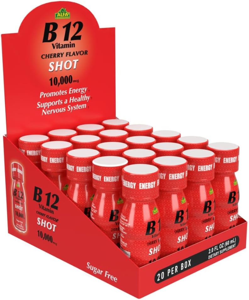ALFA VITAMINS B12 维生素 注射 10000MCG 最高概率 - 无糖,无咖啡因 - 能量射击(2.0 FL OZ瓶) 20 Pack