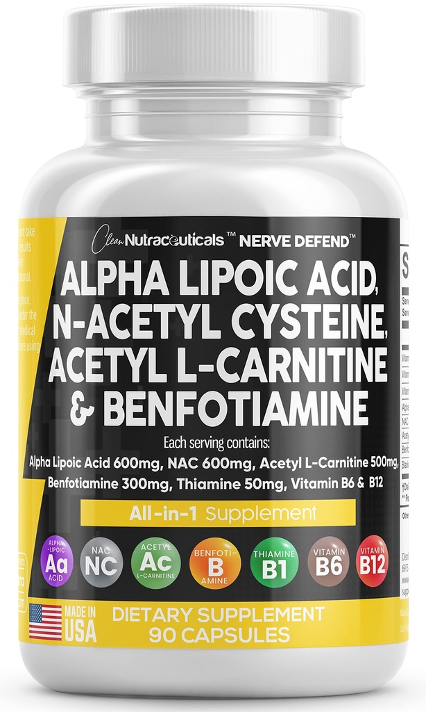 Alpha Lipoic Acid 600mg N-Acetyl Cysteine 600mg Acetyl L-Carnitine 500mg Benfotiamine 300mg - 维生素B1 B6和B12的男女神经辅助剂 - 美国制造 90 Caps