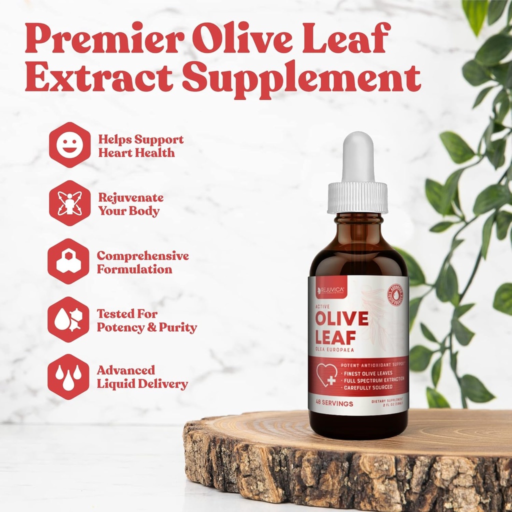Rejuvica Active Olive Leaf Extract – 天然的Oleuropein液滴用于Immune和心脏支持 – 快速吸附,Vegan,无酒精 → 6 fl oz