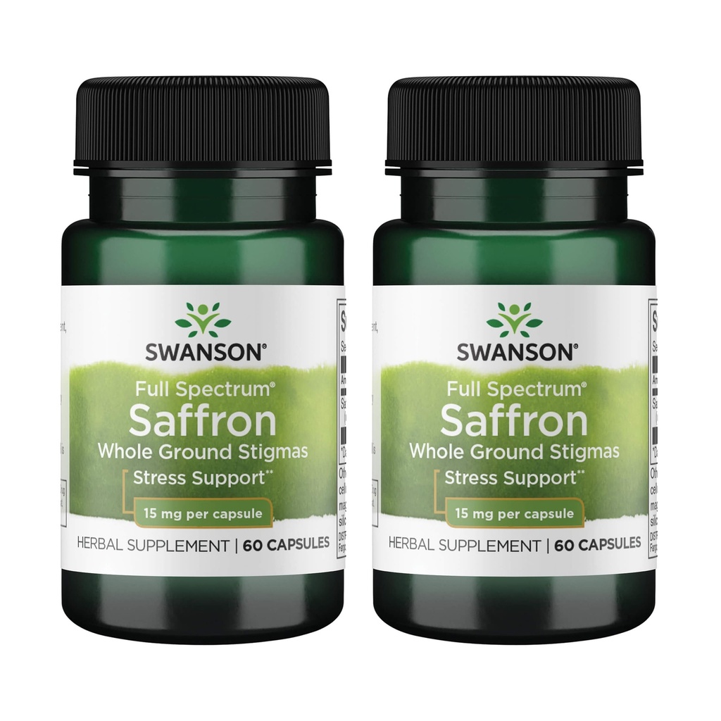Swanson Full Spectrum Organic Spanish Saffron Mood and Stress Support Supplement for Adults Seeking Natural Relaxation - Whole Ground Stigmas (60 Vegan Capsules, 15 mg, 2 Pack)