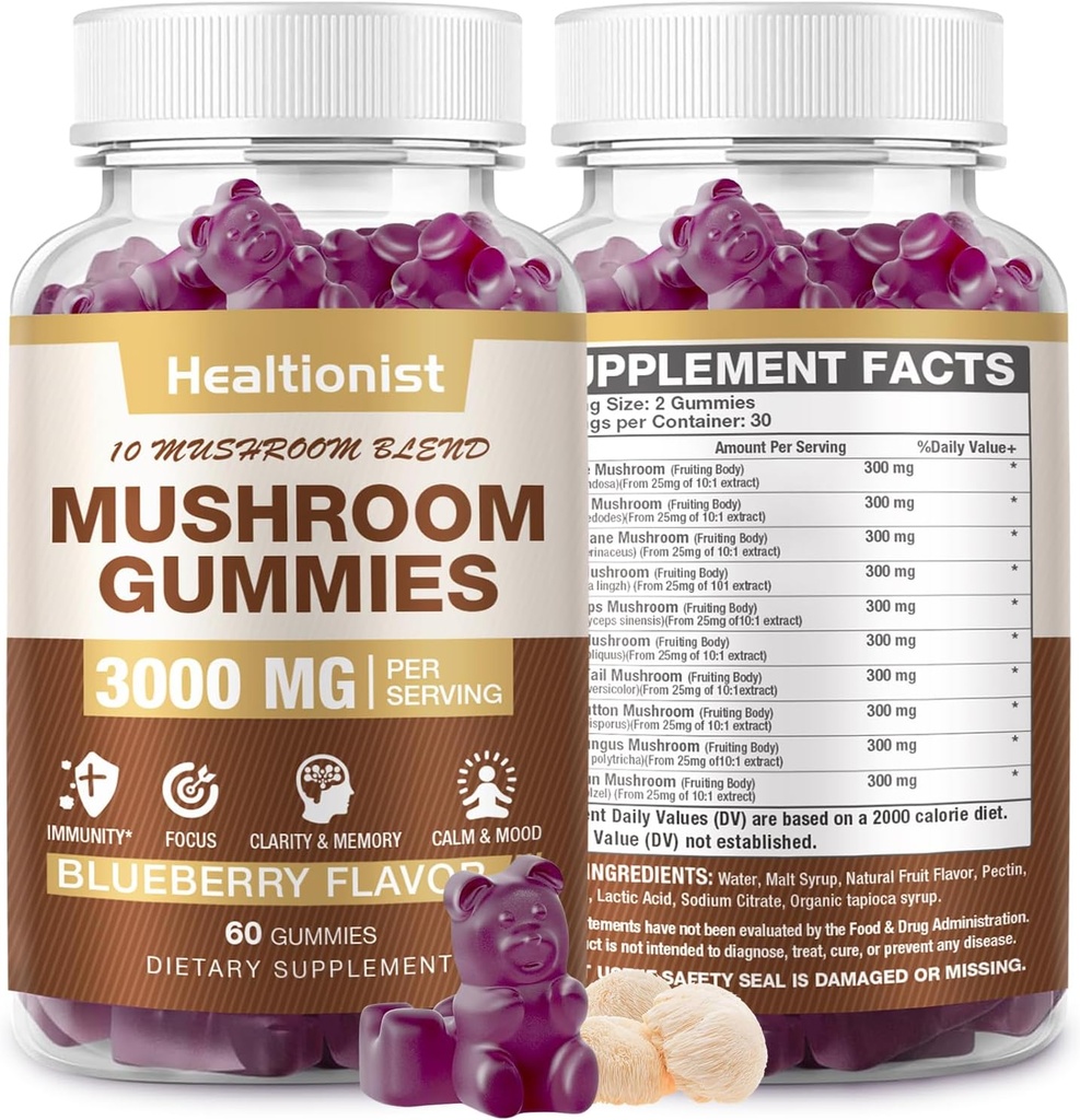 3000MG 蘑菇复合剂 10 Blend - 狮子的Mane Gummys 成人, Cordyceps, Shiitake, Reishi, Chaga, - 脑,免疫支持和压力救济, 能源, 蘑菇 男女补充品 60ct