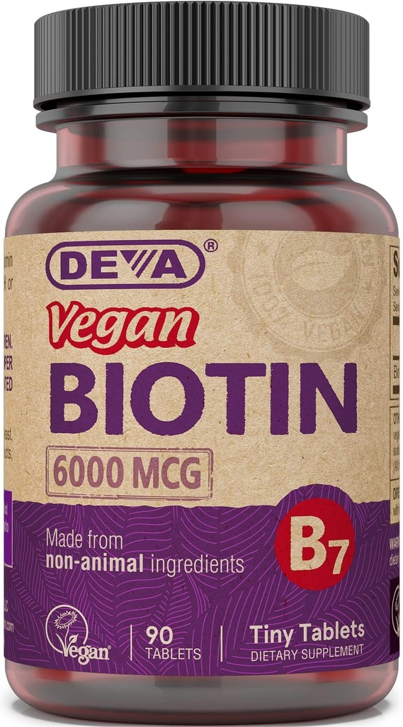 DEVA VAGAN 生物素补充剂 6000 mcg – 容易吞咽维生素B7,小板块,90个计数