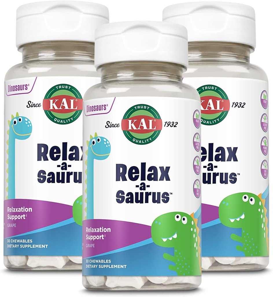 KAL Relax-a-Saurus, " 儿童压力支助补充 " , " L-Thenine for Children " , " 草药压力救济和放松 " 和 " 混合剂 " , " 美味天然葡萄酒火焰 " , " 60天保证 " , " 30个餐具包3 "