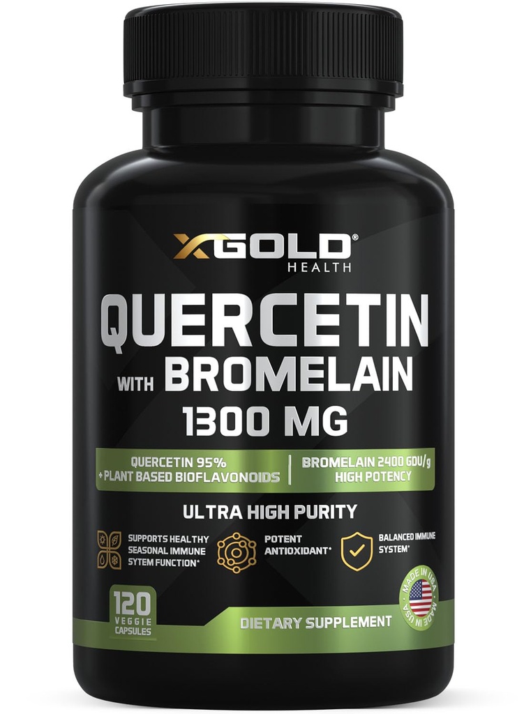 Quercetin + Bromelain 1,300mg – Quercetin:95% – 高纯度和高生物可用性+ Bromelain 2,400 GDU/g – 在美国制造 → 120 Caps