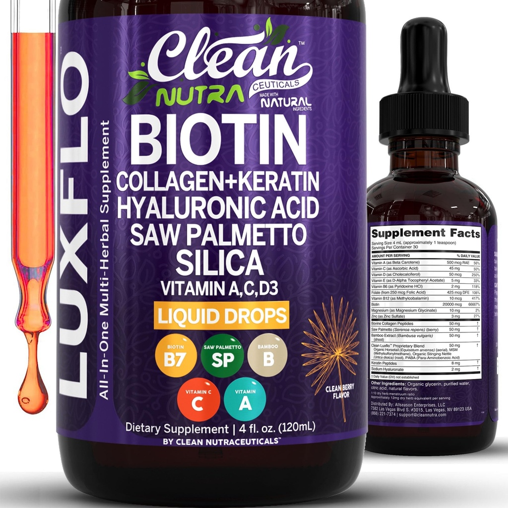 Biotin Liquid drops Collagen Keratin Hyaluronic Acid Saw Palmetto 用于毛皮和Nails Silica Vitamin A C 维生素D 竹boo Turmeric Zinc 马尾磁铁 LuxGlo 由清洁的Nutra制作