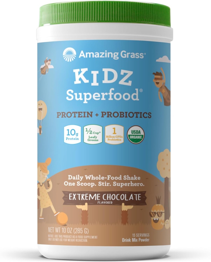 奇异草 Kidz 超级食品:Vegan 蛋白质和抗生素 给有甜菜根粉的孩子们 和 1/2 杯叶绿, 极品巧克力, 15 种服务