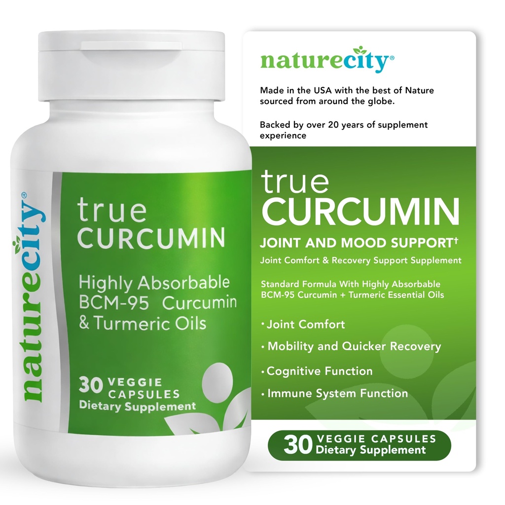 NatureCity True-Curcumin Turmeric Supplement + NO-GMO Tummeric 和 Curcumin 500 mg Curcuma Capsules 维生素补充 高达 700% 吸收增加(30天供应) + 支持联合