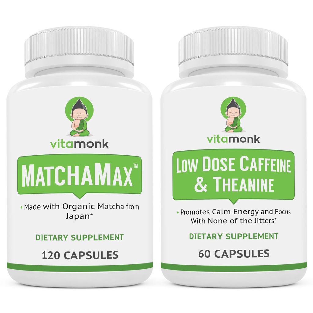 VitaMonk 能量和焦点套装: MatchaMax 有机日本 Matcha Capsules 低剂量咖啡因和 Theanine