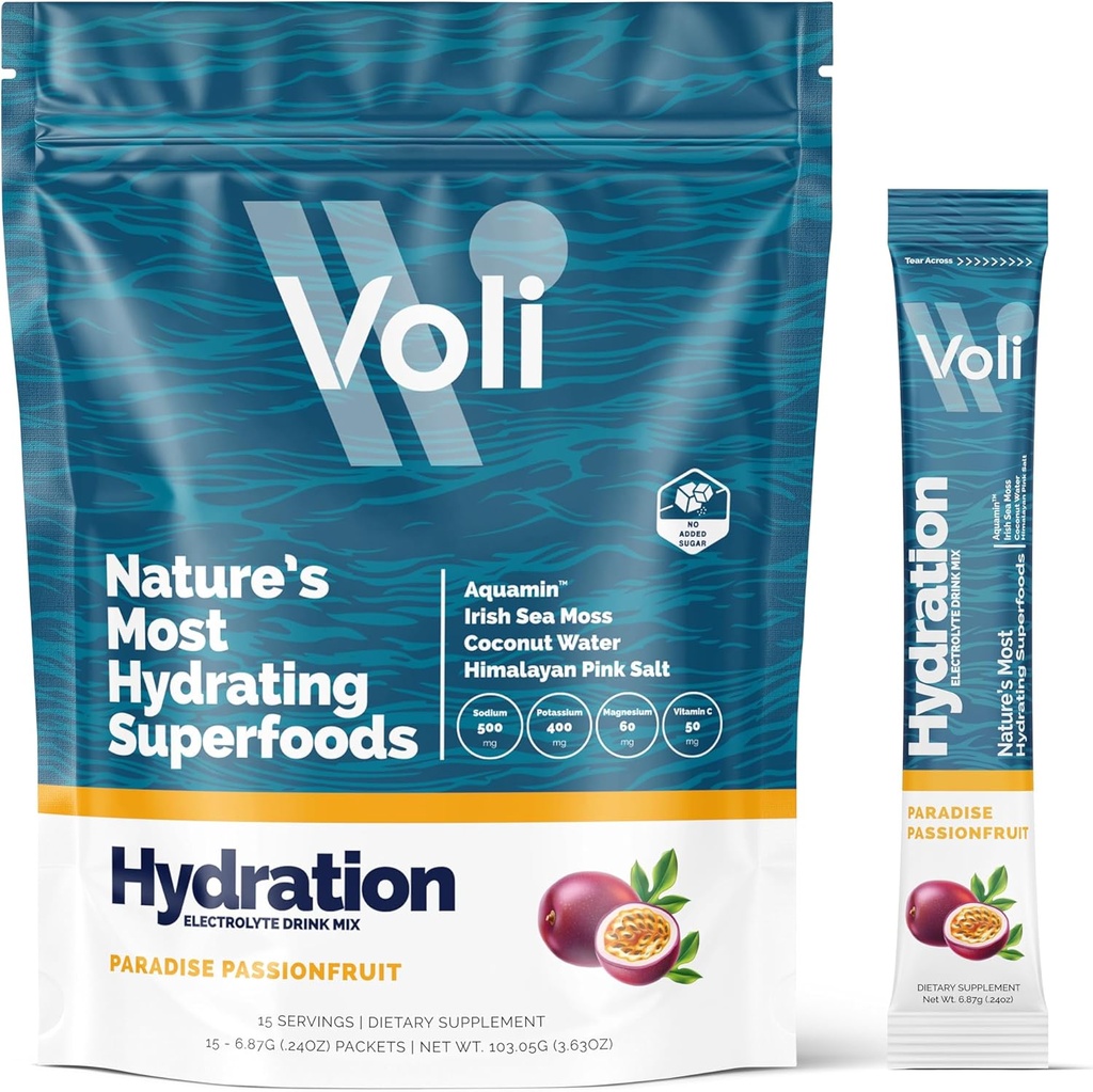 Voli Electrolytes Powder Packets 没有添加的糖 电解质 饮料 混合水分 | Keto & Fasting 友好的,天然的超级食品和矿物 | Passionle果, 15-Count