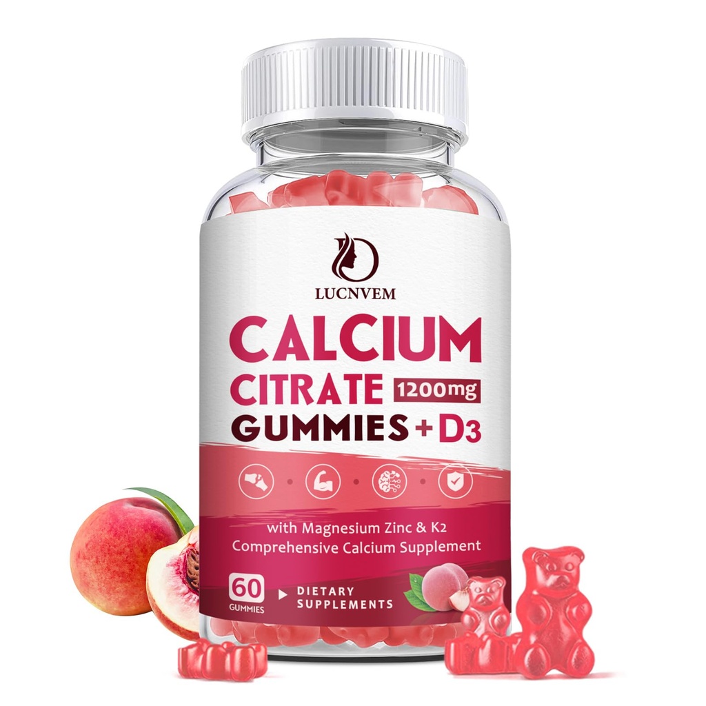 含维生素D3的1200mg 含维生素D3的Calcium Gummys,含维生素D3的Cal magnesium Zinc for Bone Muscle 健康-天然白桃-30天供应