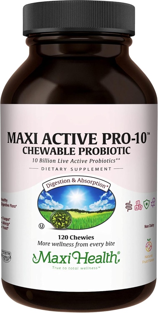 Maxi Health Active Pro-10 Kids Probiotic Chewables – 15 Strains for Digestive & Immune Health – 10亿 Probiotic Blend - 乳品无销量,科舍尔 – 支持古特健康,蔬菜 – 60 ct(谢尔夫稳定)