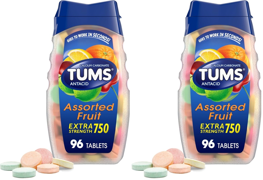 TUMS 外强抗酸药片,用于施用可切换的心脏烧伤救济和酸性消化不良救济,各种水果火焰-96个计数(包2)