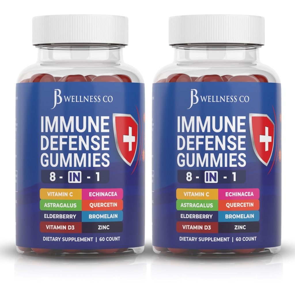8 in 1 Imune Defense Booster Supplement Gummys 配有 Astragalus Root, 维生素C和锌,维生素D3, 草莓和奎西丁(2包)
