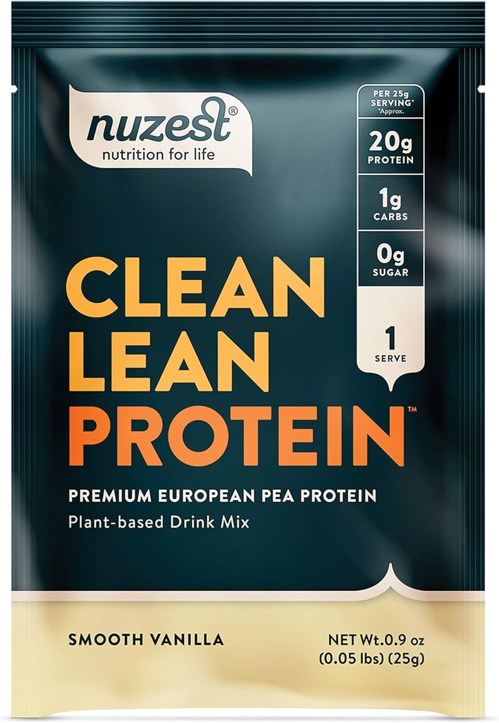 Nuzest - Pea蛋白粉 - Clean Lean Protein, Premium Vegan 植物基蛋白粉, 乳品自由, Gluten 自由, GMO 自由,自然甜化蛋白摇摆, 平滑香草, 1 service, 0.9 oz