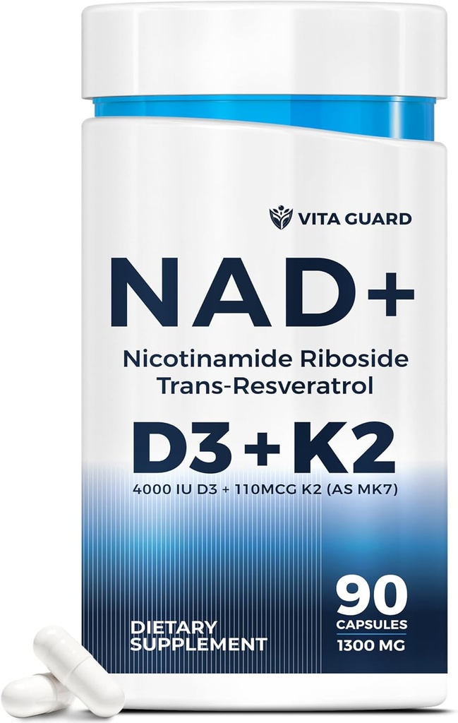 抗衰老能源 NAD 补充剂 — NMN 替代品,配有 Nicotinamide Riboside 1000mg, Trans-Resveratrol 300mg,维生素 D3 4000 IU和 K2 110 mcg MK7 — 蔬菜 60 Capsules, 1300mg