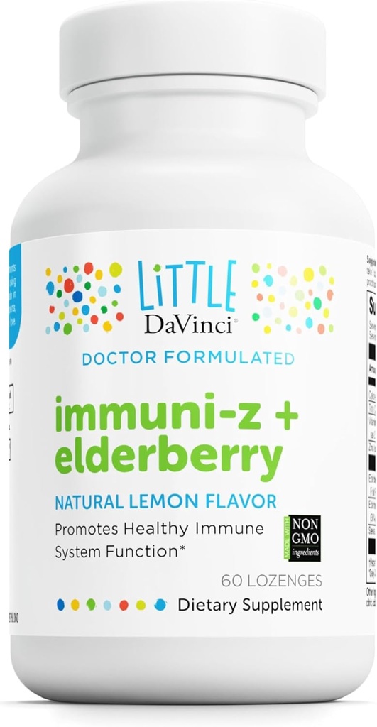DAVINCI 小Immuni-z + 长莓 - 支持免疫健康、健康肺部和喉部组织的儿童 Zinc Lozenge * - 与维生素D3, 锌, 长莓和更多 - Lemon Flavor - 60 Lozenges
