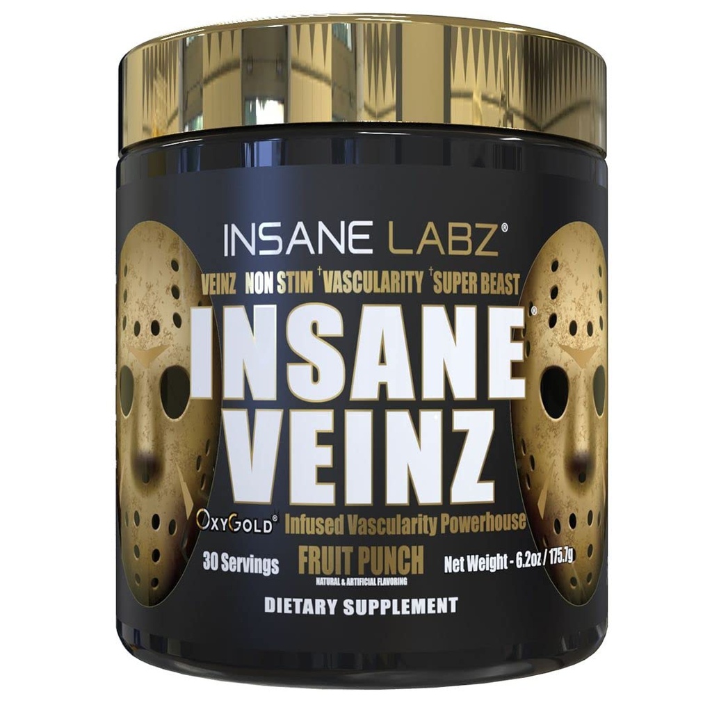 Insane Labz Insane Veinz Gold, Nitric Oxide 非兴奋剂 锻炼前的粉末,装上氢马克斯,硝基西辛,增高气压和血流,30 Srvgs,水果扑克