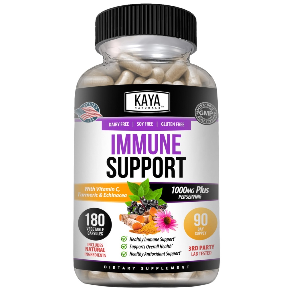 Kaya Naturals Elderberry Immune 对成年人的锌和维生素C支持, Probiotics and Turmeric 1000mg Immune System Booster Sambucus Elderberry Capsules - 180 Counters