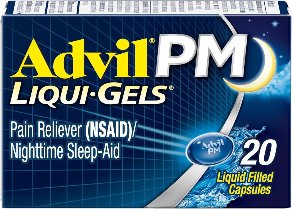 Advil PM Liqui-Gels Pain Reliver和夜间睡眠援助、用Ibuprofen治疗疼痛的止痛药和用二酚胺HCL治疗睡眠援助 - 20 液体填充盖-回到学院