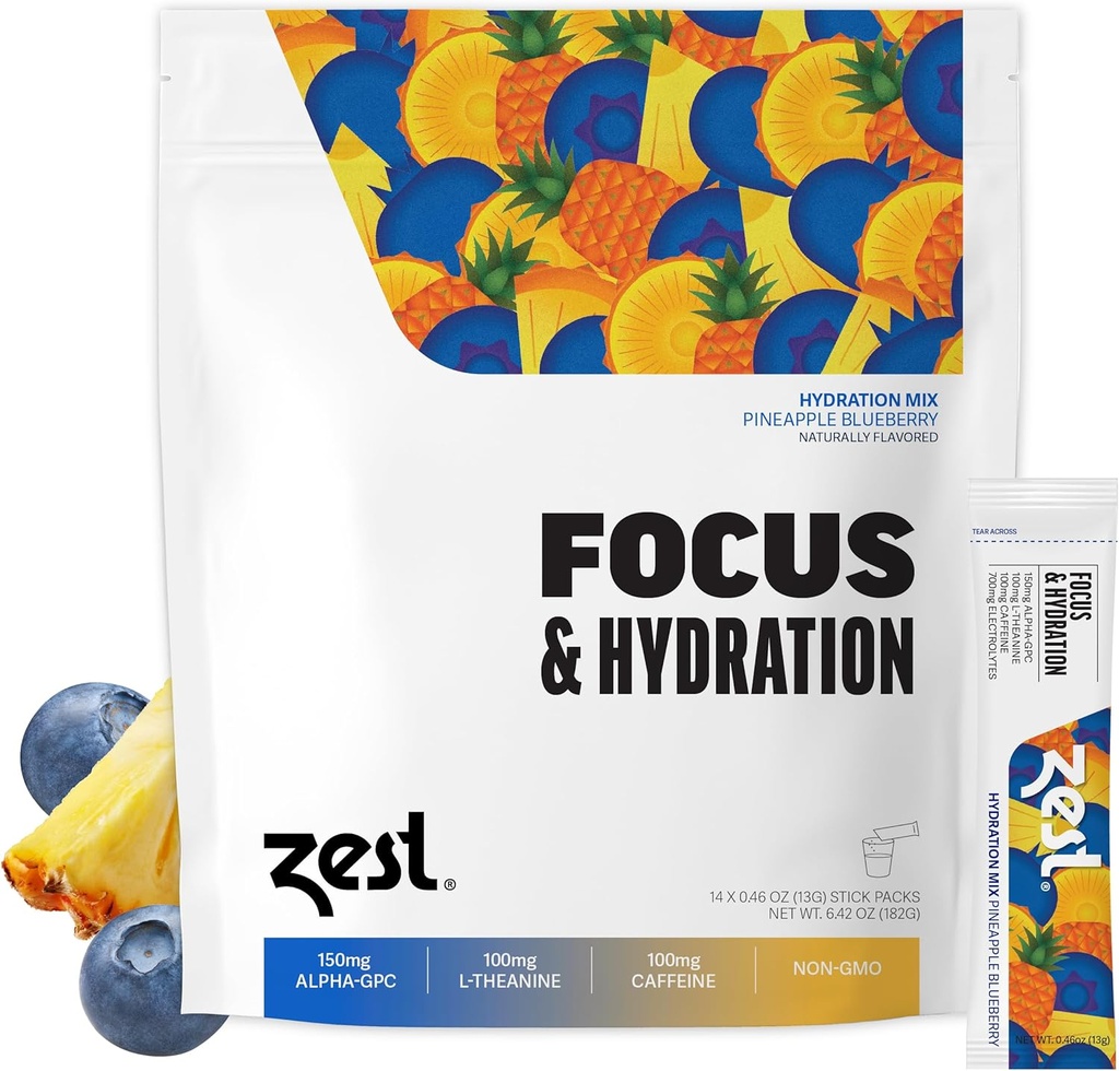 Zest Focus and Plusion Energy Drinch – Pineapple Blueberry 清洁能源粉盒,装有100毫克咖啡因,L-Thenine & 150毫克Alpha GPC Nootropics – 低糖电解质用于记忆 – 14 棒