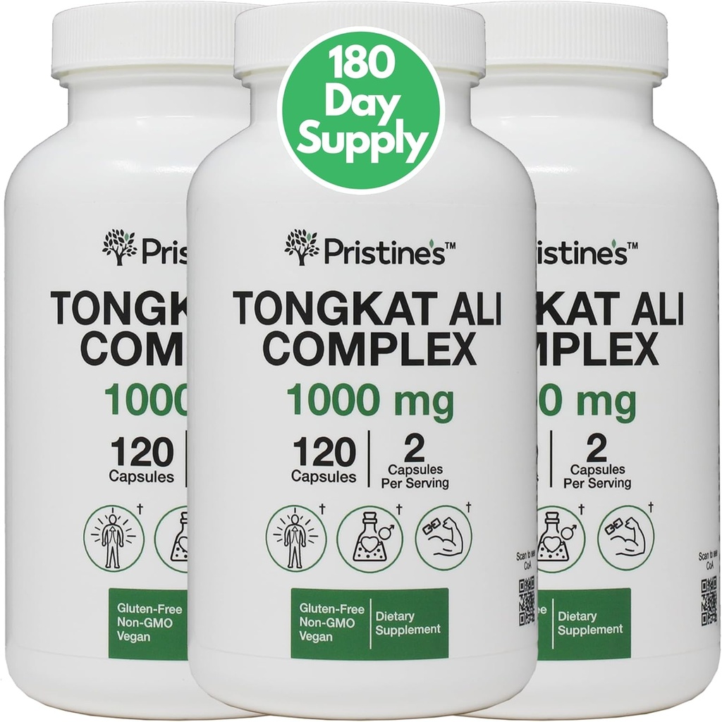PRISTINE的Tongkat Ali 1000mg 180天供应(3包) - 运动员性能支持 - 精益大众肌肉建筑 男女草药补充剂 - Vegan, Gluten Free, Non GMO