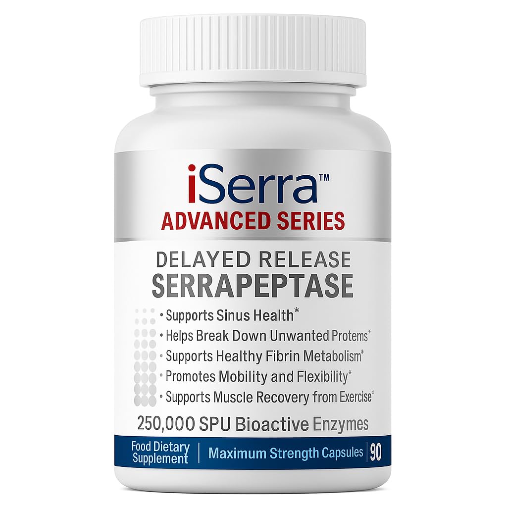 iSerra 250 000 SPU Serrapeptase Enzyme - 90 最大强度 Capsules - 最多 12x More Potent than Other Serrapaptase - 延迟释放技术 - 高潜力 N-GMO, Gluten Free, Vegan (Pack of 1)