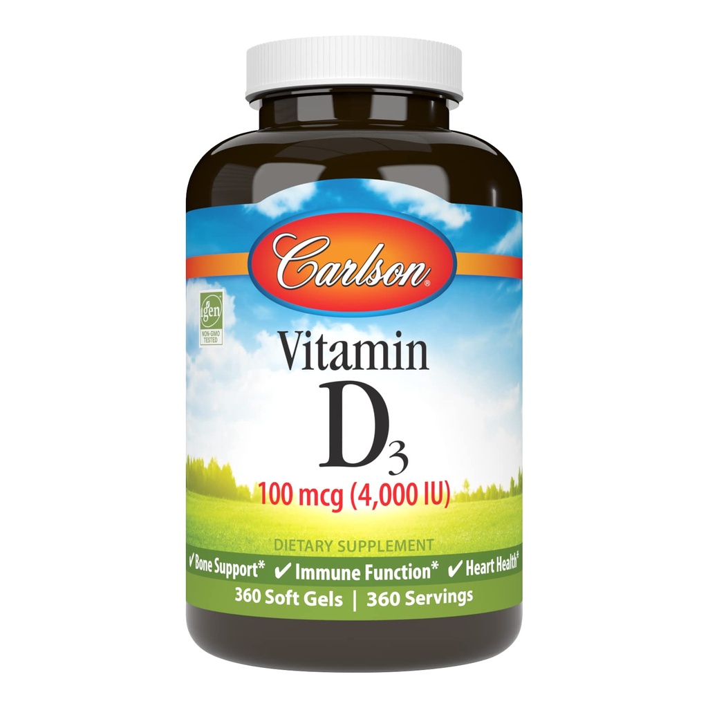 Carlson - 维生素D3 4000 IU(100 mcg),免疫支持,骨质健康,肌肉健康,胆固醇,维生素D补充剂,维生素D3软宝石,360软胶