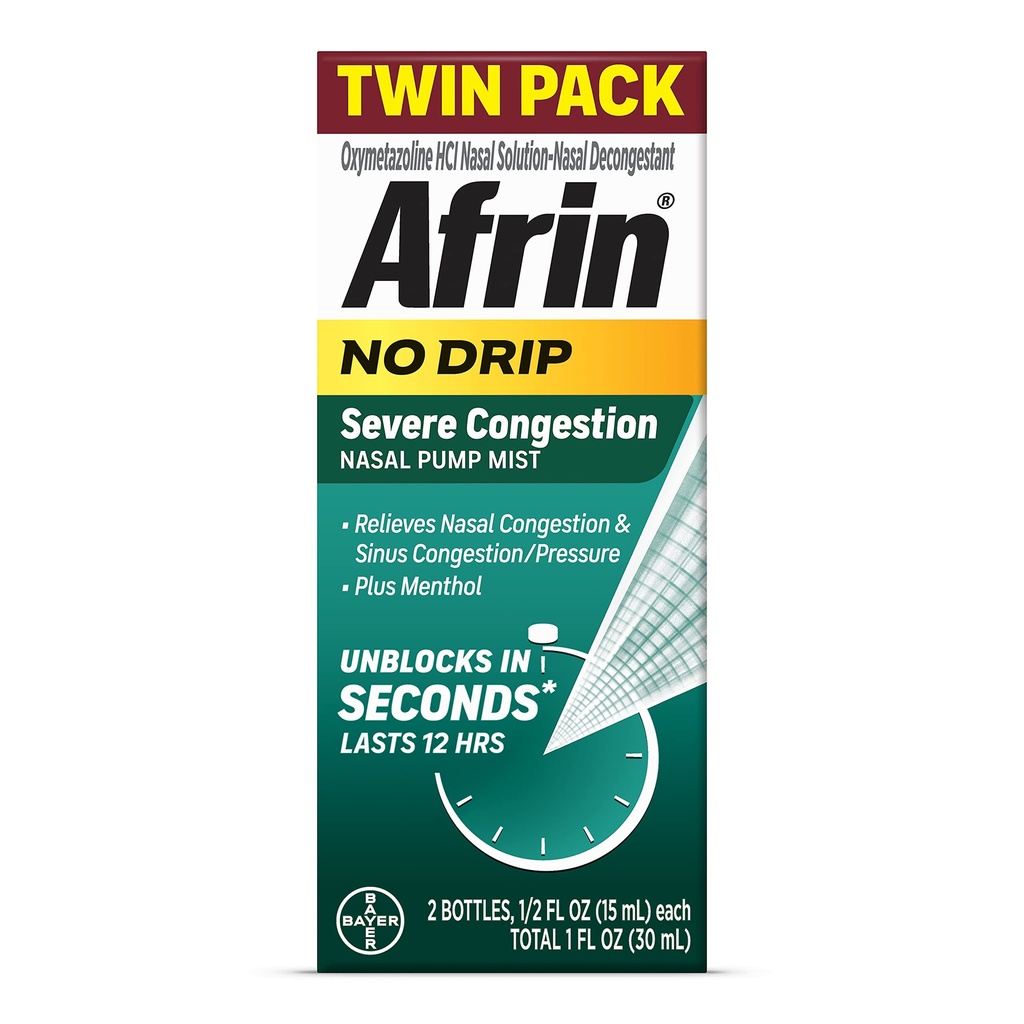 Afrin No Drip 重度摄入性鼻雾双包,非沉睡,快速减压剂用于鼻咽和鼻塞压力缓解,成人和儿童6岁及老年人,5 fl oz(包2)
