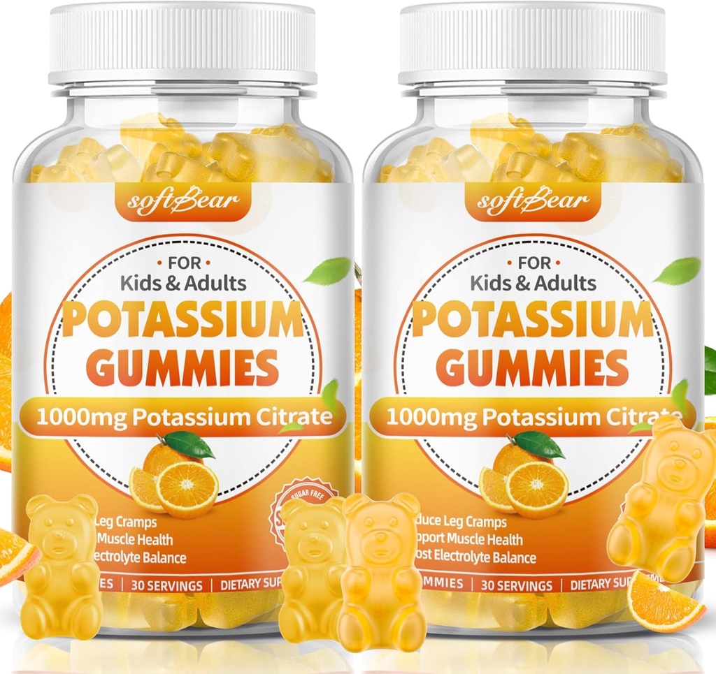 软熊Potasium 千兆克,成人无糖钾 支持腿皮和肌肉健康 高概率钾 补充 Gummys Orange Flavor 120 计数