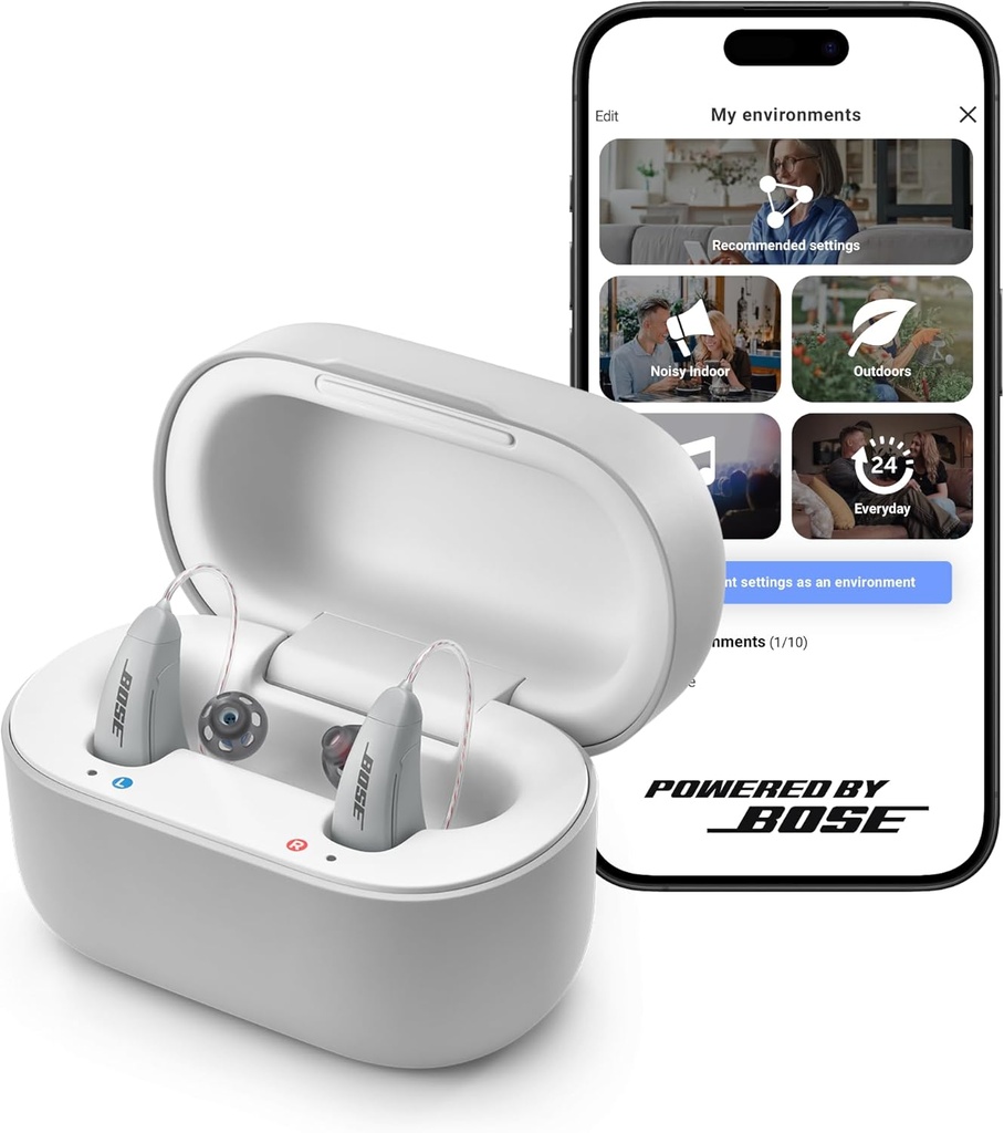 Lexie B2 OTC 听力Aids Powered by Bose - Bluetooth Call 启用于iOS,可与App Control充电,全天舒适. 自适应解决方案,减少噪音,使Mild至中度听力损失(Gray)