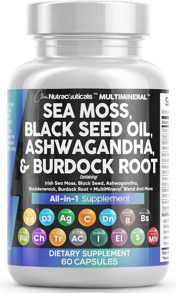 纯净营养素 海 摩斯黑种子油 Ashwagandha Turmeric Bladderwrack Burdock & Vitamin C 维生素 D3 配有 长老莓 Manuka Dandelion 黄码头 碘氯phyll ACV
