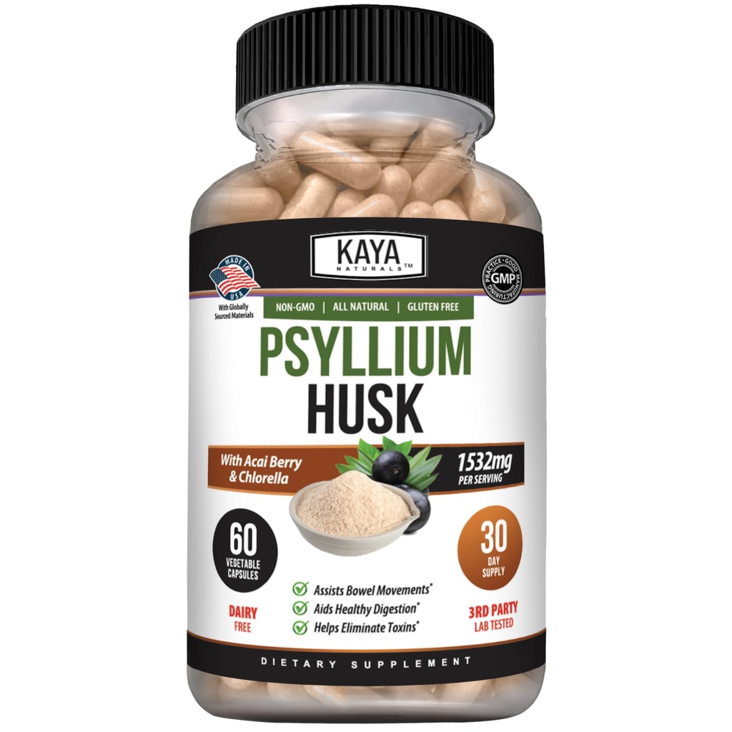 Kaya Naturals Psyllium Husk Capsules - 60 Counter QQ 高纤维补充 QQ 消化健康与规律 QQ Gluten-Free,非GMO