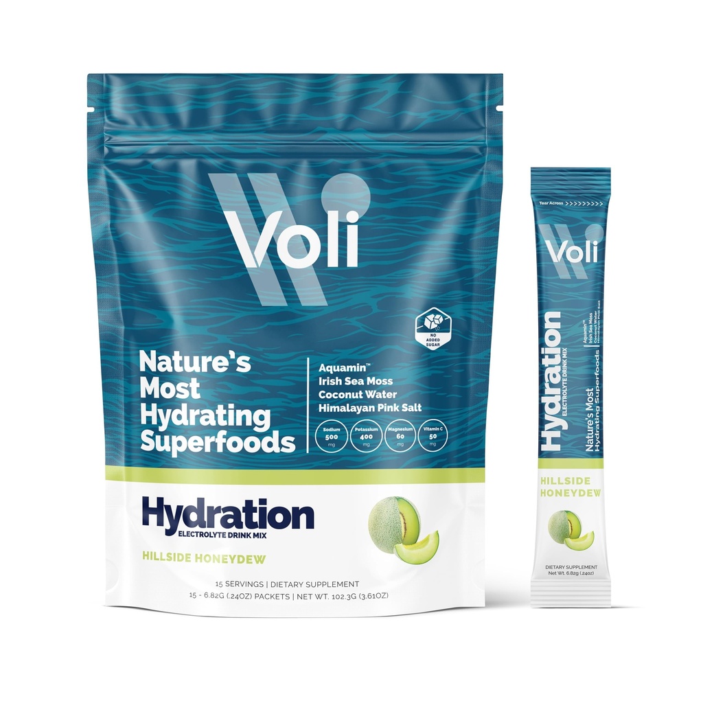 Voli Electrolytes Powder Packets QQ 没有添加的糖电解质 饮料混合水分 QQ Keto 和 Fasting 友好,天然超级食品和矿物 QQ Honeydew, 15国