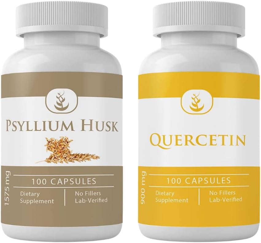 Psyllium Husk & Quercetin Capsule Bundle(每个100个卡普尔),无添加剂或填充剂,实验室验证