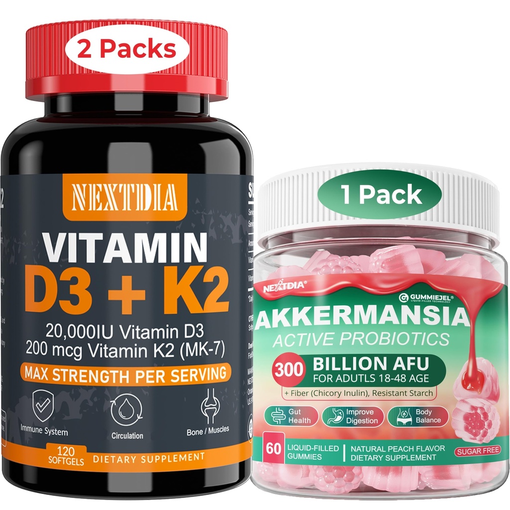 维生素D320,000 IU + K2(MK7)200mcg 软胶 + 具有先生纤维的Akkermansia 亲生素