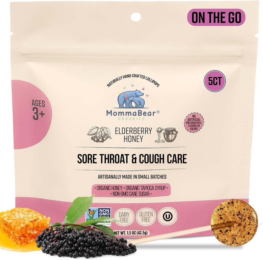 MommaBear有机食品 手工业 儿童 Cough Lollipops – 自然酸喉救助 和 Cough Droppers for Kids 3+ – Elderberry Bits, Honey & Organic Flavors – 紧紧密封的新鲜度, 5pc