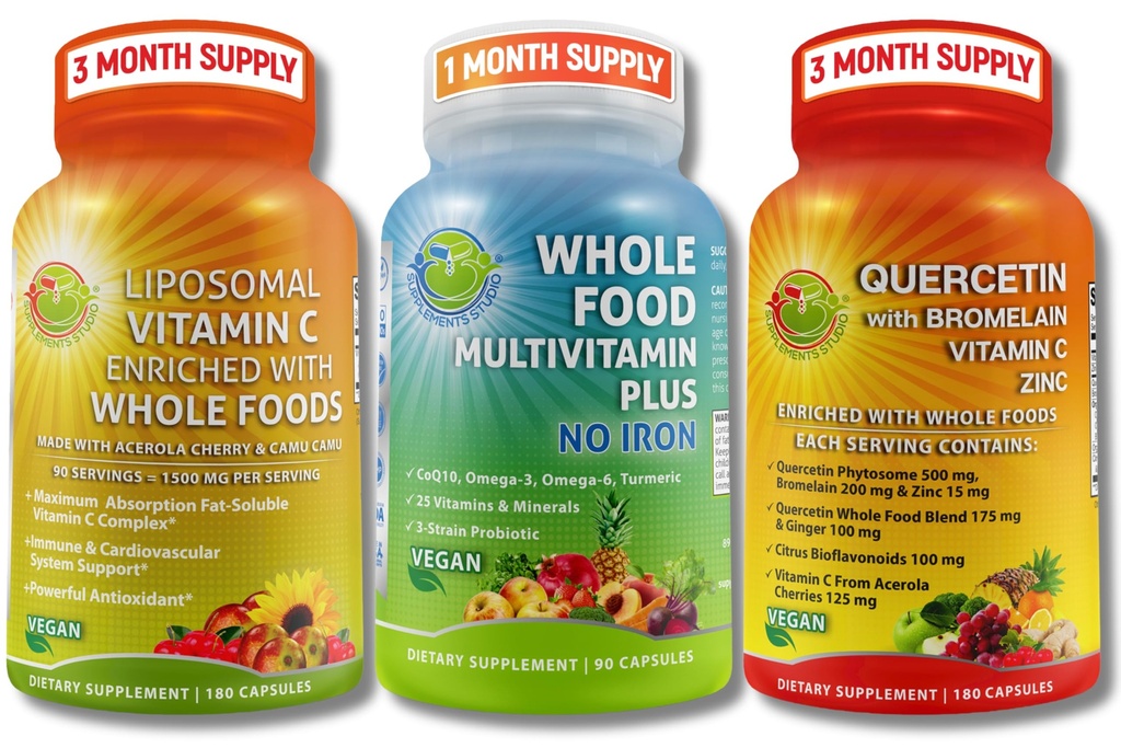 Vegan Immune & Antioxidant Support Bundle – Liposomal Vitamin C 1500mg 配有有机Acerola & Camu Camu + Quercetin 500mg 配有Bromelain, Zinc & Vitamin C + Vegan 全食品 无铁多维生素