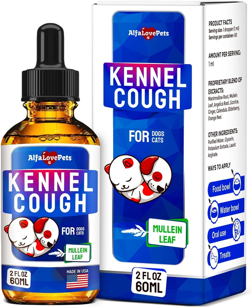 Kennel Cough 治疗狗和猫 – 狗咳抑制剂帮助过敏,Runny Nose,喷嚏 – All Breeds & Sizes – Mullein Leaf and Calendula – 2 Oz