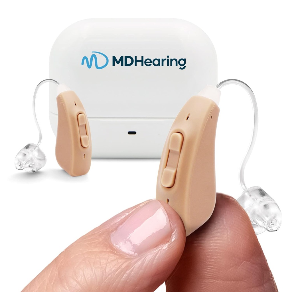 MDHearing Aid Air 听力援助(Pair),OTC可充电,由MDHearing制作的晶体清晰数字音效,适合眼镜,几乎看不见