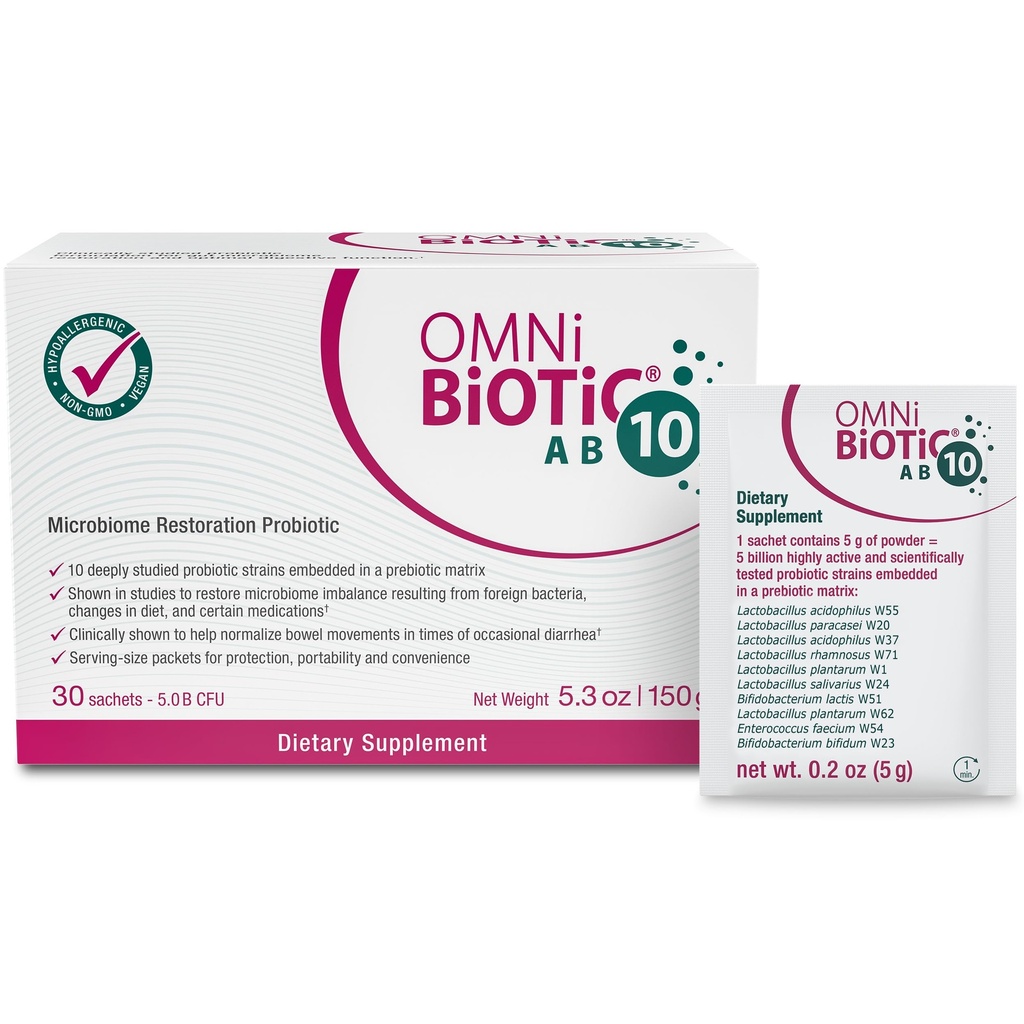 OMNI BiOTIC AB 10 - 临床试验的恢复性原生药 - 支持和还原 Gut Flora 和 Digestion - 腹泻的消化性原生药 - Vegan,伪孕,非GMO (30 Daily Packets)