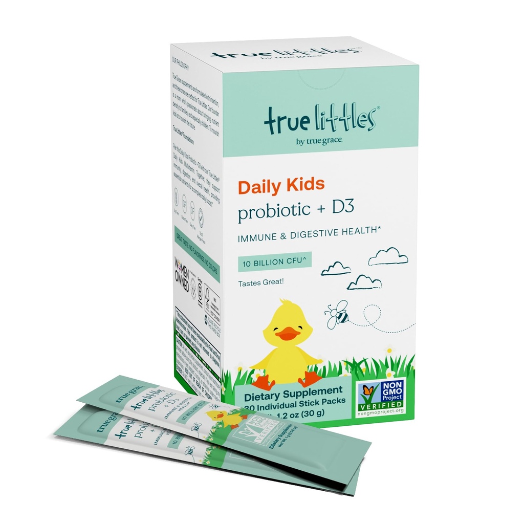 True Grace True Littles - 30个人棒包 - 儿童日用品+维生素D3 用于免疫和消化健康 - 葡萄糖,大豆和奶制品免费 - 30种服务