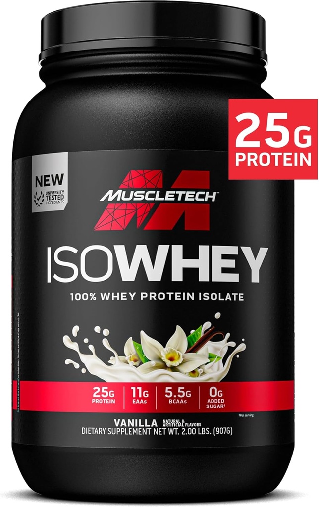 肌肉技术ISO Whey Isolate蛋白粉, 香草 - 精肌肉增益的健身增益, 体积增益与恢复 - 25g 蛋白质, BCAA, EAA & 0 添加糖 - 2lbs