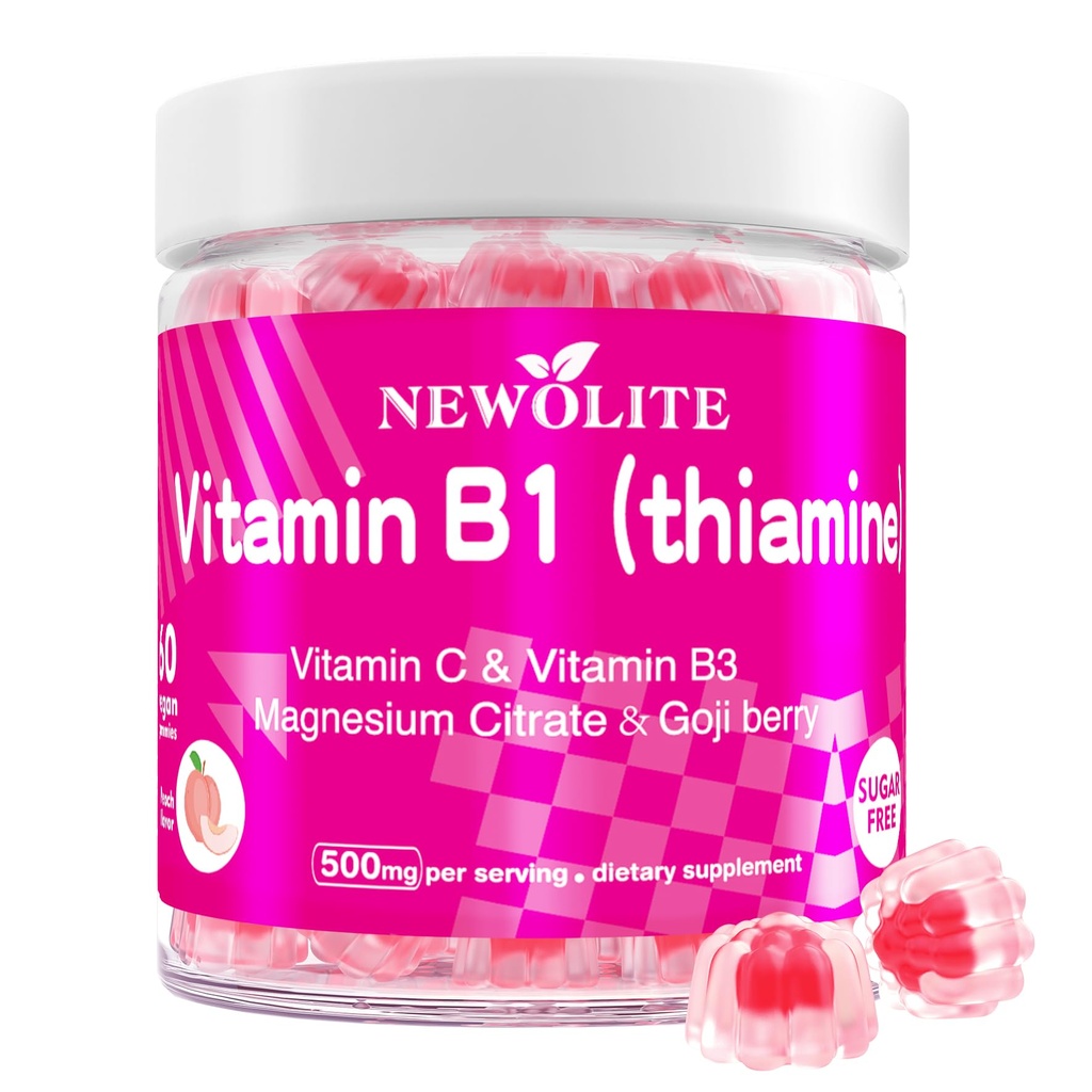 维生素B1 Gummies Chewable Thiamine 500mg & Vitamin B3 & Vitamin C, Sugar Free - 非转基因生物,Vegan,自然桃仁 Flavor - Thiamine B1 成人与儿童补充剂