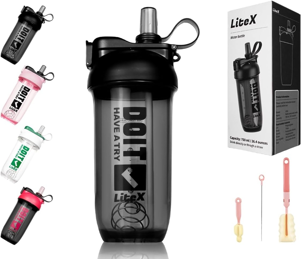 Litex Shaker瓶换蛋白质摇摆,26oz Blender Shaker瓶换作预选赛,Shaker杯换作Straw,BPA免费Tritan Mixer瓶换作蛋白质粉,配有杯刷和指令(黑色)